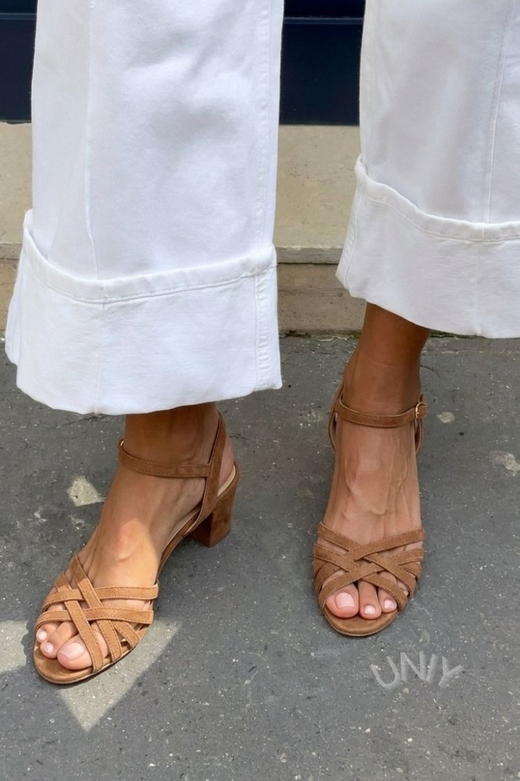 Vintage Camel Suede Cross Strap Ankle Buckle Sandals