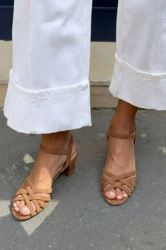 Vintage Camel Suede Cross Strap Ankle Buckle Sandals