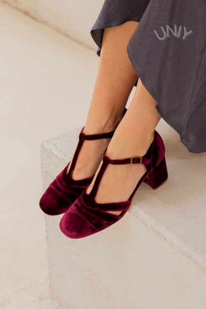 Hollow Out T-Strap Buckle Velvet Chunky Heels
