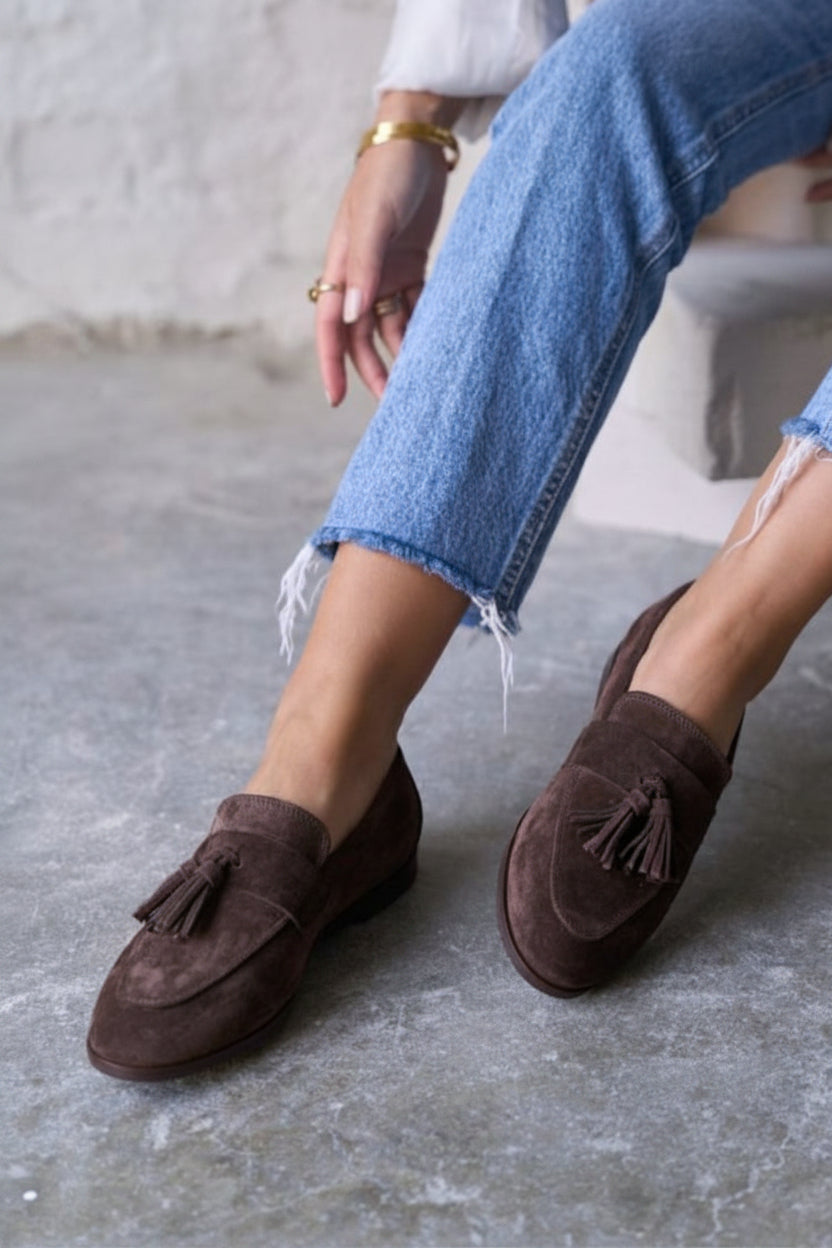 Dark Brown Faux Suede Tassel Detail Flat Loafers [Pre Order]