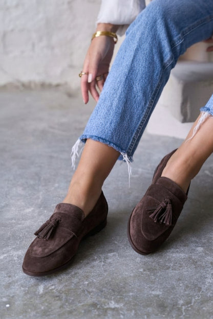 Dark Brown Faux Suede Tassel Detail Flat Loafers [Pre Order]