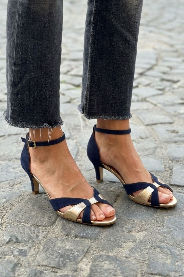 Chic Navy Blue Champagne Gold Criss-cross Kitten Heels