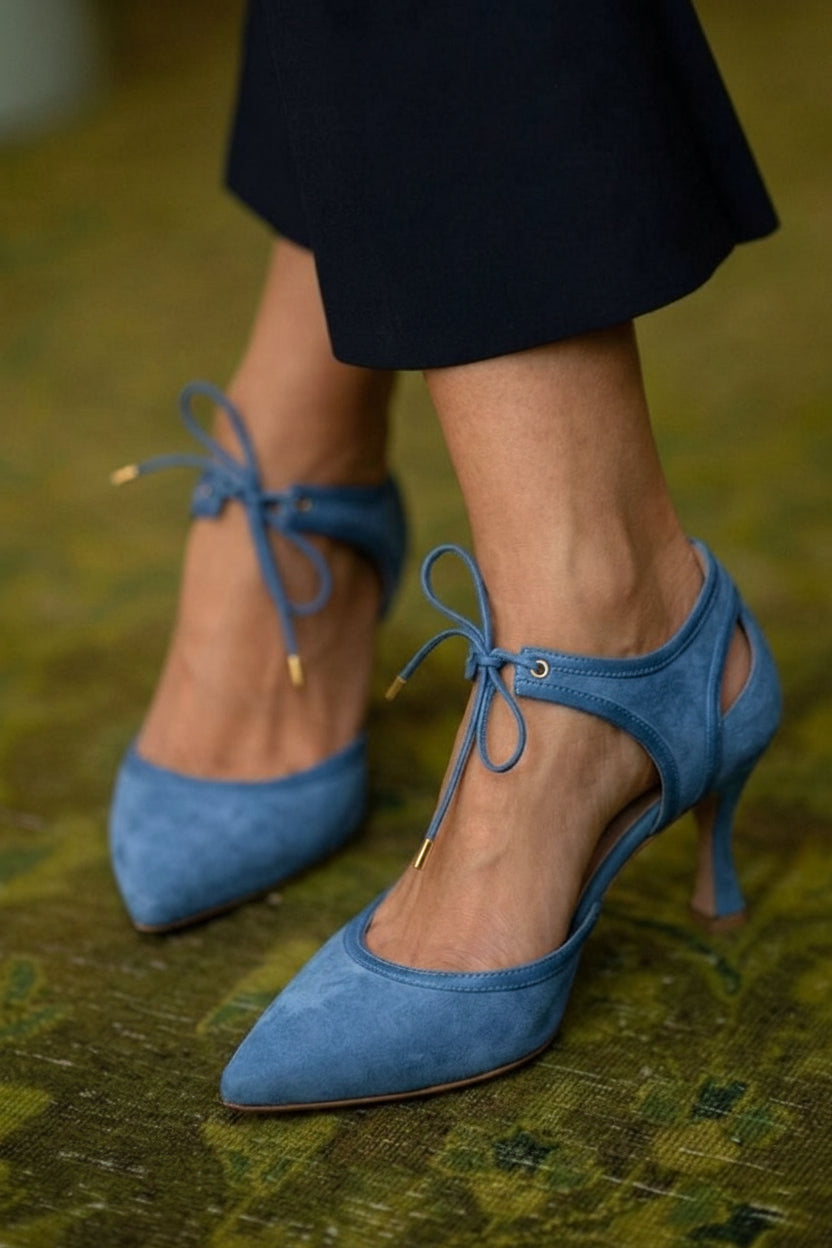 Tacones Bajos de Aguja con Moño Bicolor de Gamuza Sintética Rosa con Punta