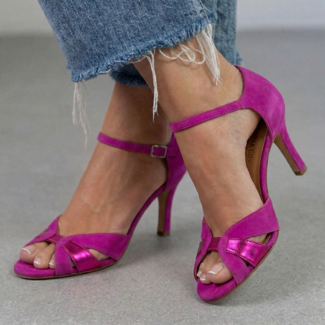 Fuchsia Faux Suede Metallic Detail Peep Toe Mid Heels [Pre Order]