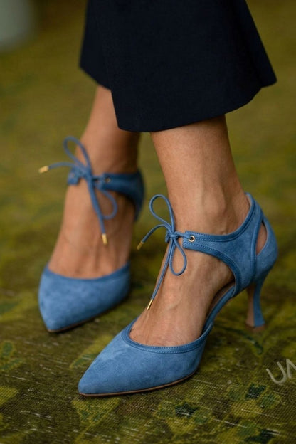 Pink Faux Suede Two-Tone Pointed Toe Bow Tie Kitten Heels