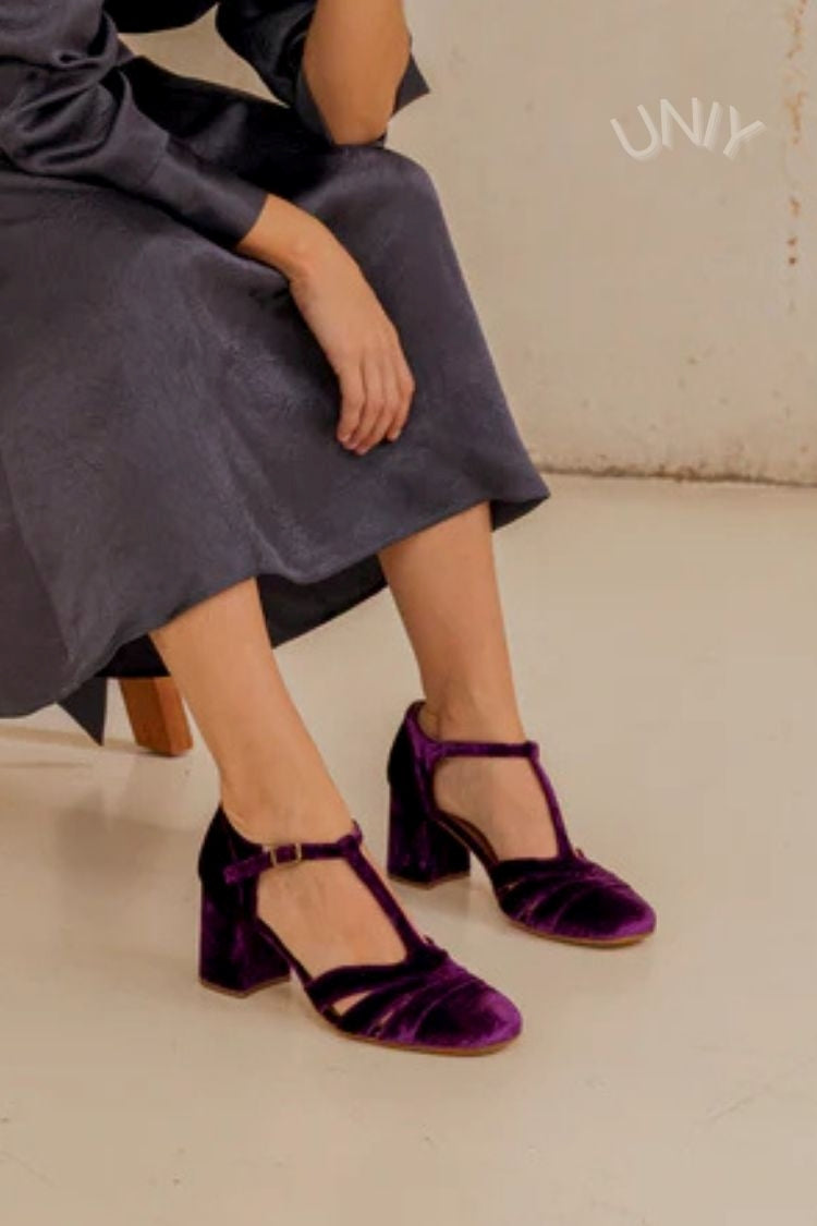Hollow Out T-Strap Buckle Velvet Chunky Heels