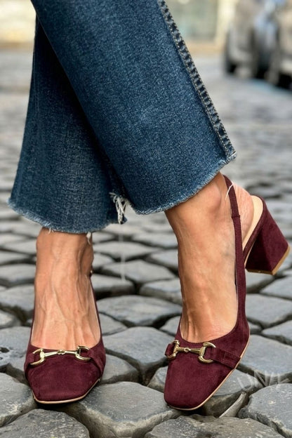 Olive Suede Slingback Bit Detail Block Heels