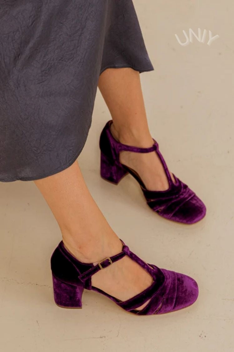 Hollow Out T-Strap Buckle Velvet Chunky Heels
