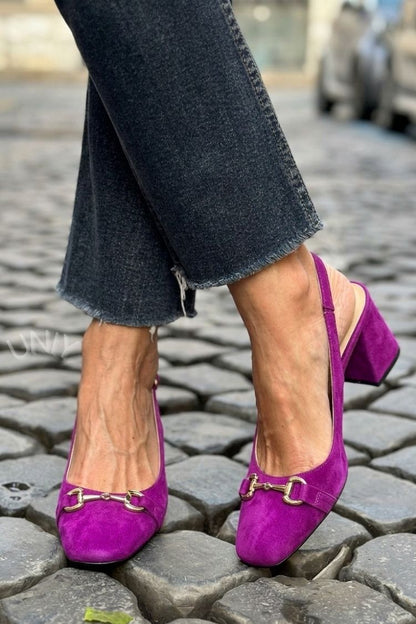 Olive Suede Slingback Bit Detail Block Heels