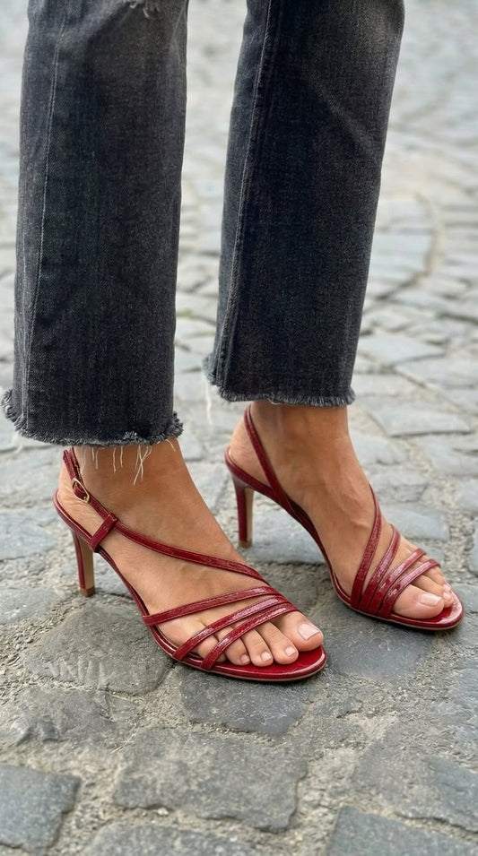 Strappy Patent Open Toe Slingback Burgundy Stiletto Heels [Pre Order]
