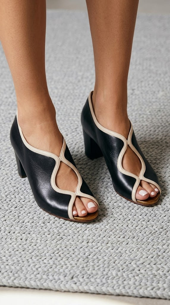 Retro Piping Peep Toe Cutout Black Block Heels [Pre Order]
