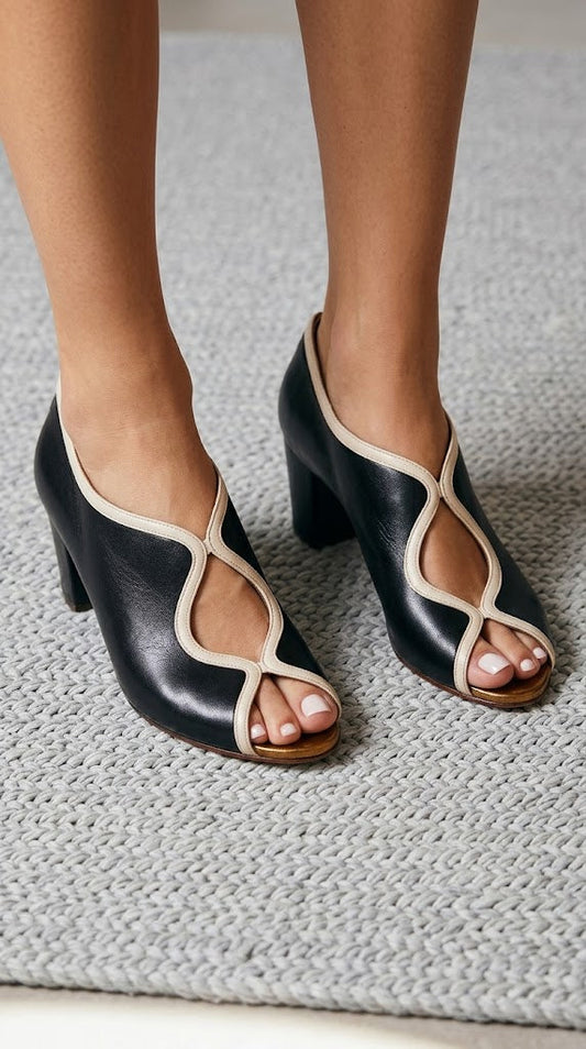 Retro Piping Peep Toe Cutout Black Block Heels [Pre Order]