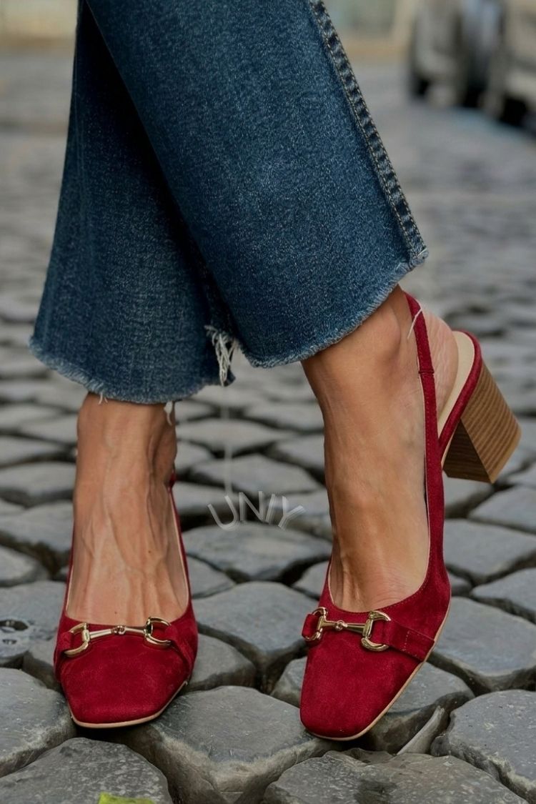 Olive Suede Slingback Bit Detail Block Heels