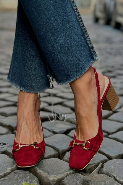 Olive Suede Slingback Bit Detail Block Heels