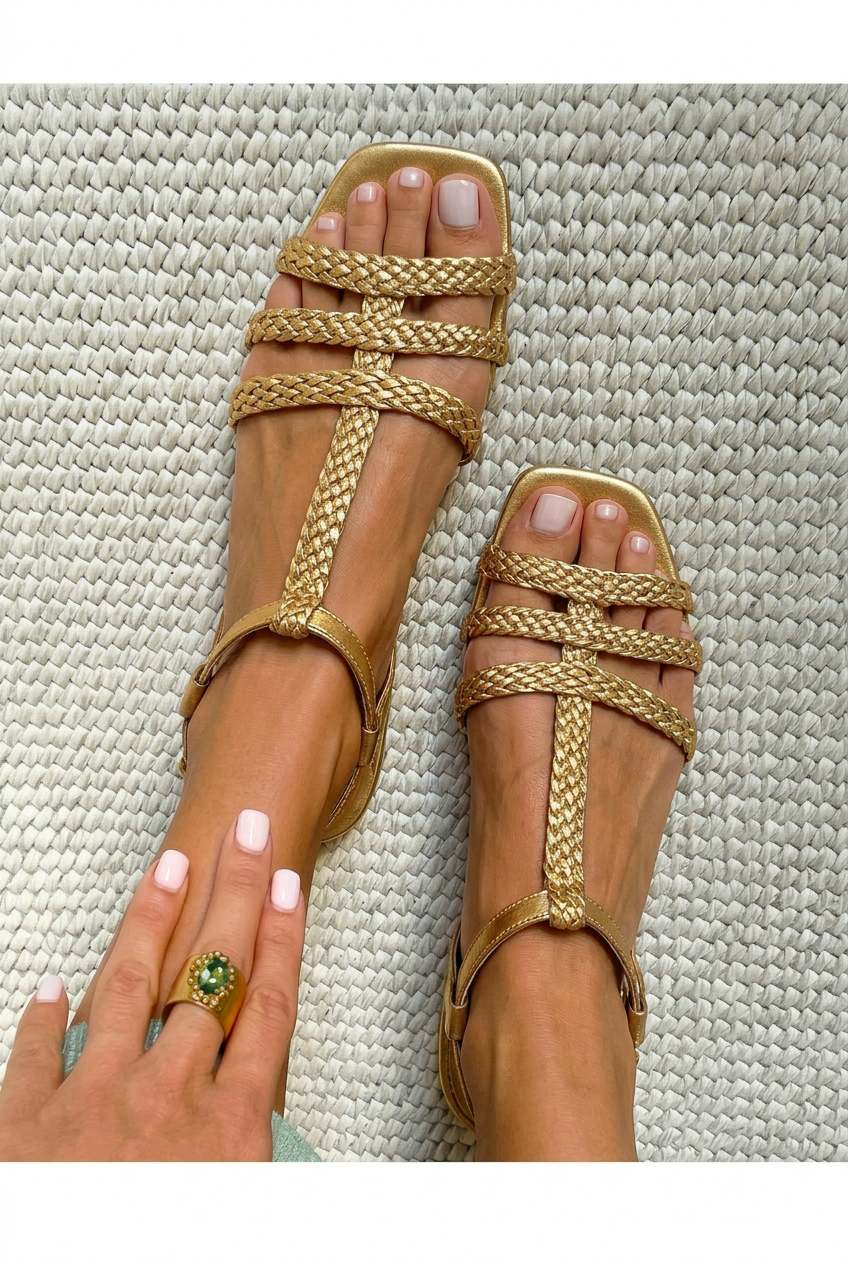 Braided T-Strap Square Toe Flat Casual Sandals [Pre Order]