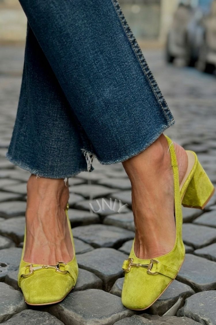 Olive Suede Slingback Bit Detail Block Heels