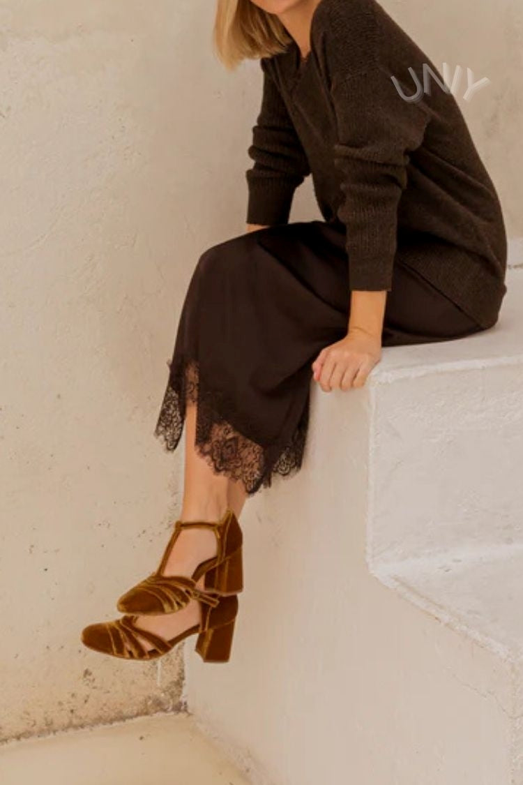 Hollow Out T-Strap Buckle Velvet Chunky Heels