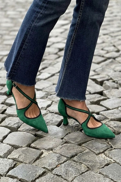 Cross Strap Buckle Solid Color Pointed Toe Khaki Low Heels