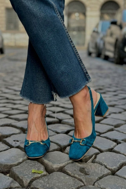 Olive Suede Slingback Bit Detail Block Heels