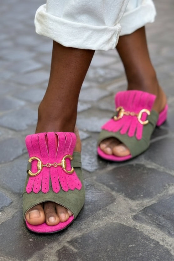 Chic Green Fuchsia Suede Horsebit Fringe Block Heel Mules [Pre Order]