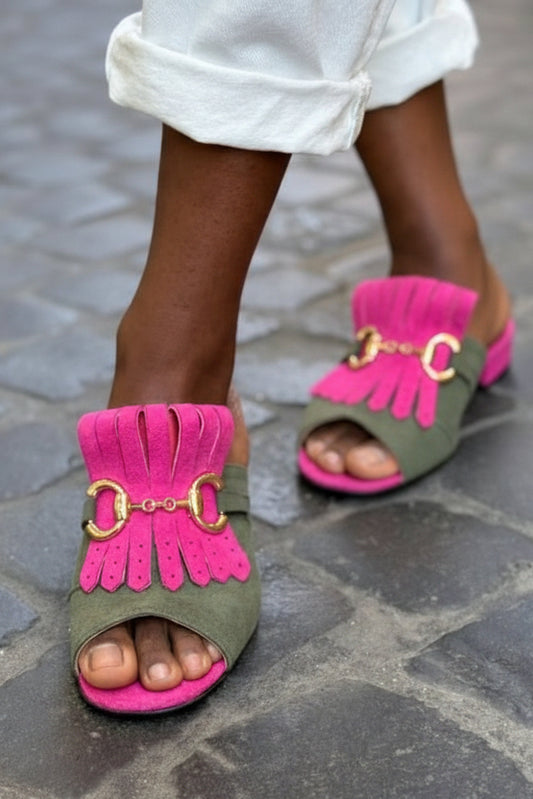 Chic Green Fuchsia Suede Horsebit Fringe Block Heel Mules [Pre Order]