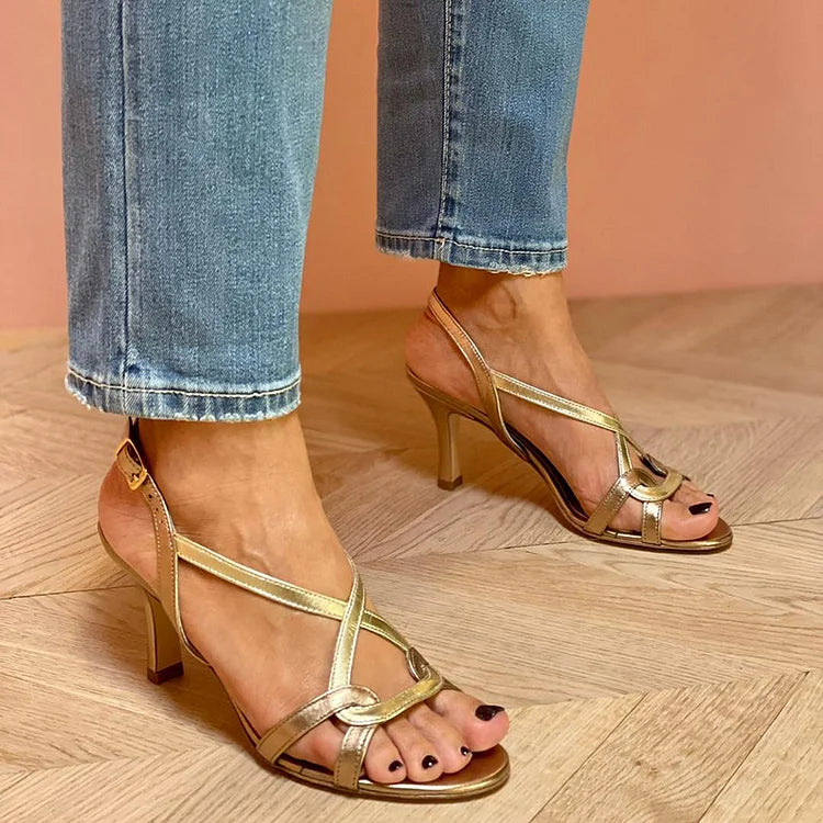 Comfortable Shiny Pu Leather Crochet Cross Strappy Peep Toe Stiletto Heels