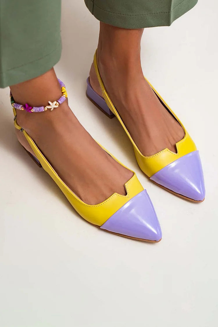 Zapatos planos destalonados con puntera en punta, tiras con hebillas y bloques de color con aberturas