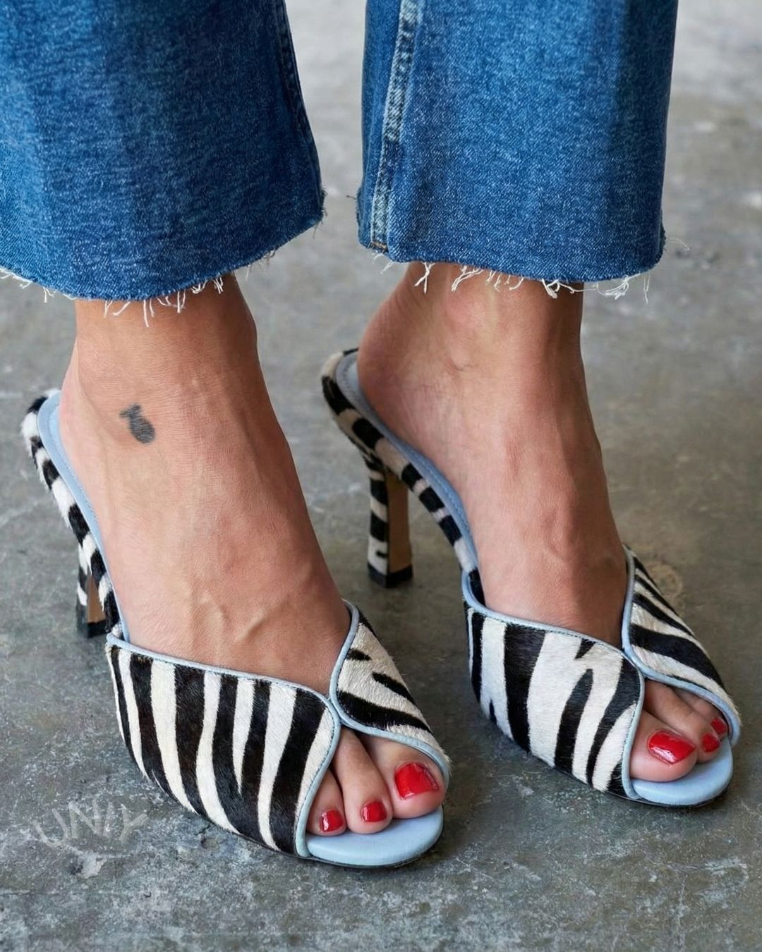 Zebra Print Light Blue Trim Peep Toe Heel Mules [Pre Order]