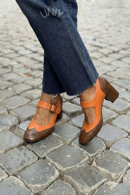 Patchwork Square Toe Instep Strap Buckle Low Heels