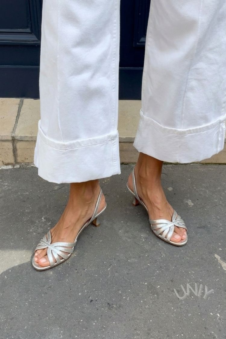 Silver Metallic Cross Strap Slingback Kitten Heel Sandals