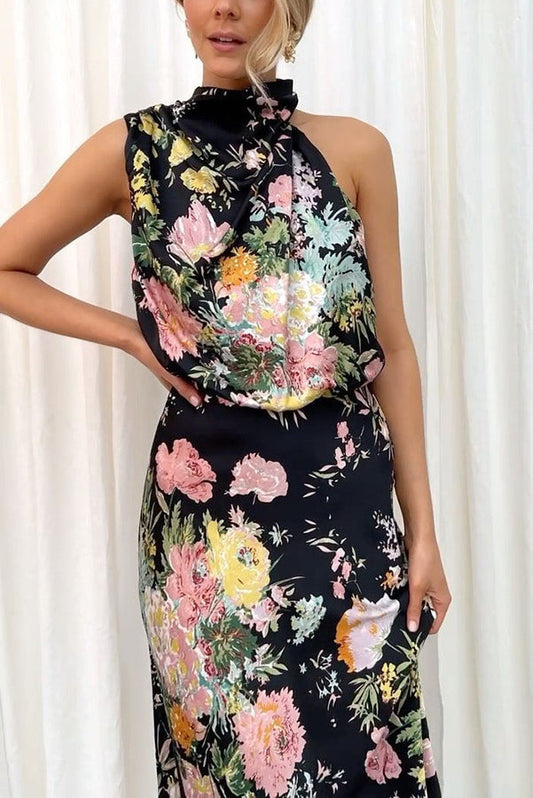 Bloemen halternek elastische taille maxi-jurk