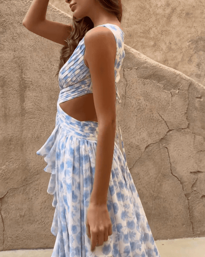 Back Lace-Up Elastic Waist Maxi Dress