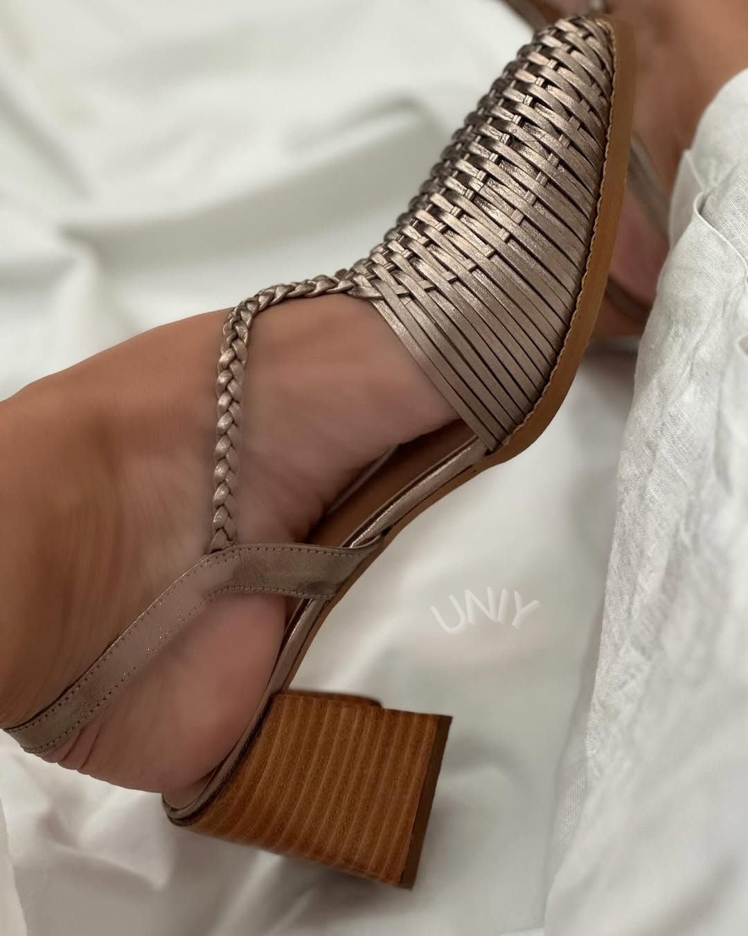 Champagne Metallic Woven Strappy Pointed Toe Block Heels [Pre Order]