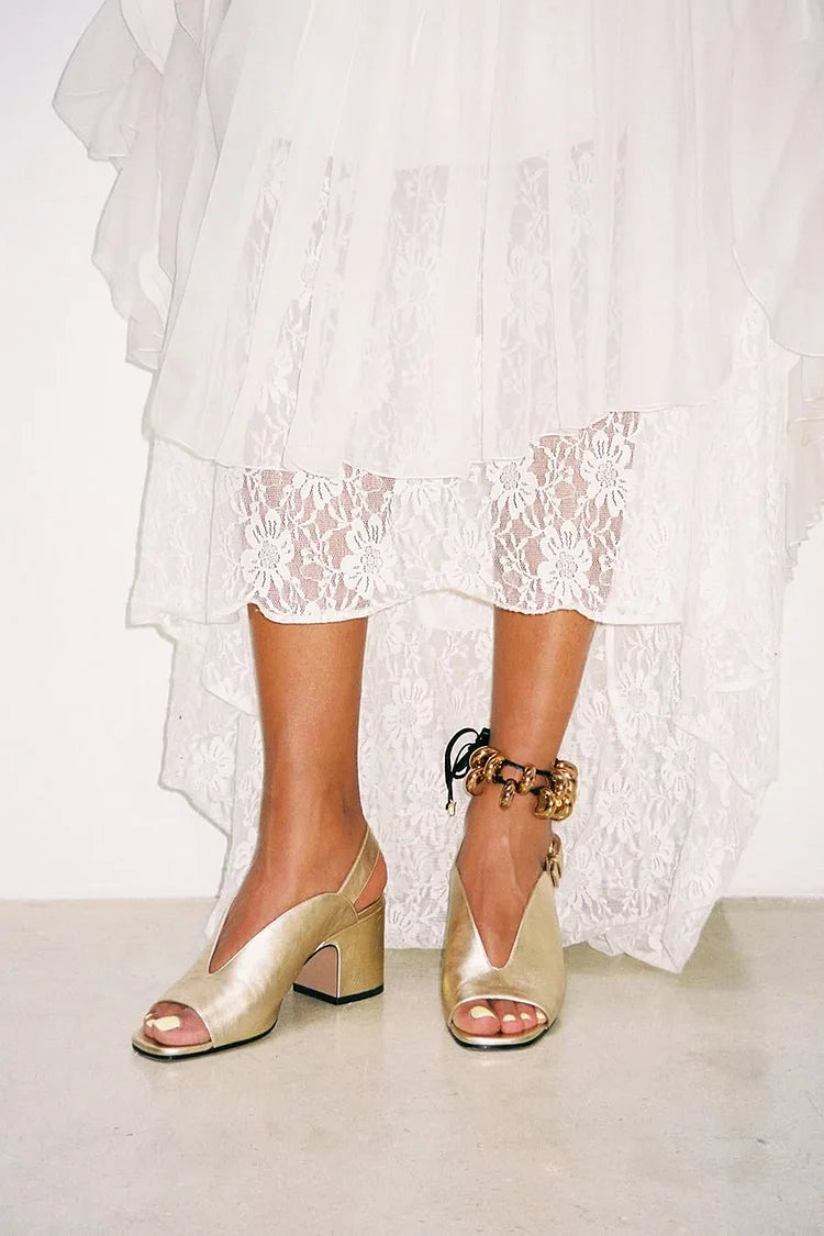 Metallic Sheen V Groove Peep Toe Slingback Gold Chunky Heels