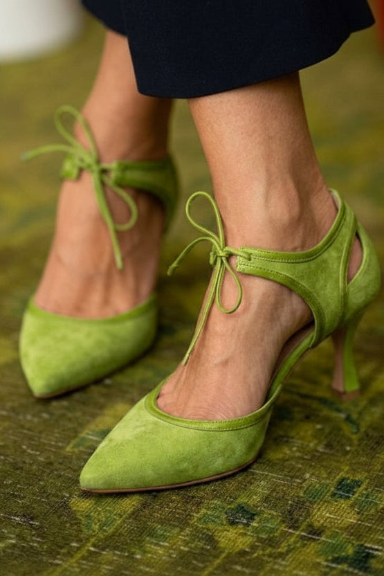 Tacones Bajos de Aguja con Moño Bicolor de Gamuza Sintética Rosa con Punta