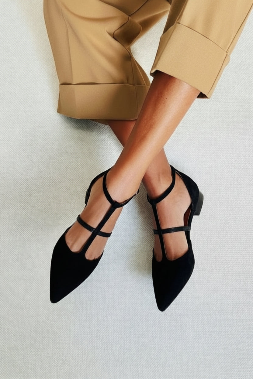 Black Pointed Toe Minimal Cross Strap Versatile Flats