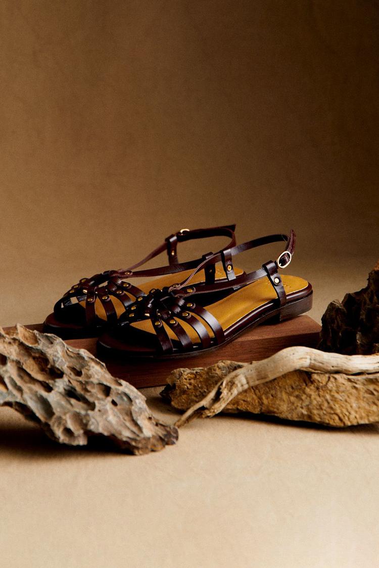 Metal Studded Hollow Out Peep Toe Dark Brown Sandals