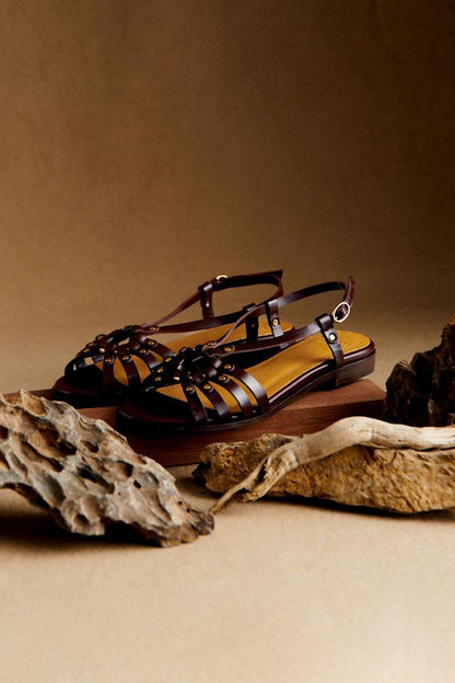 Metal Studded Hollow Out Peep Toe Dark Brown Sandals