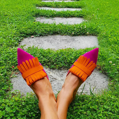 Fringed Trim Pointy Toe Slippers Matte Mules