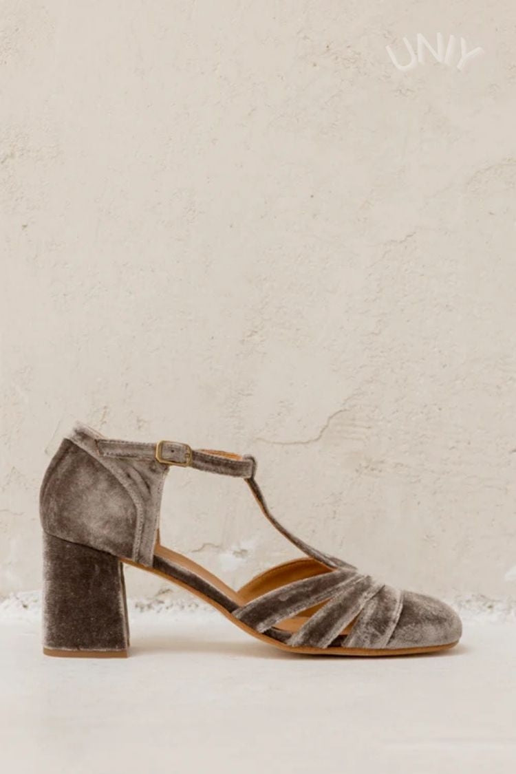 Hollow Out T-Strap Buckle Velvet Chunky Heels
