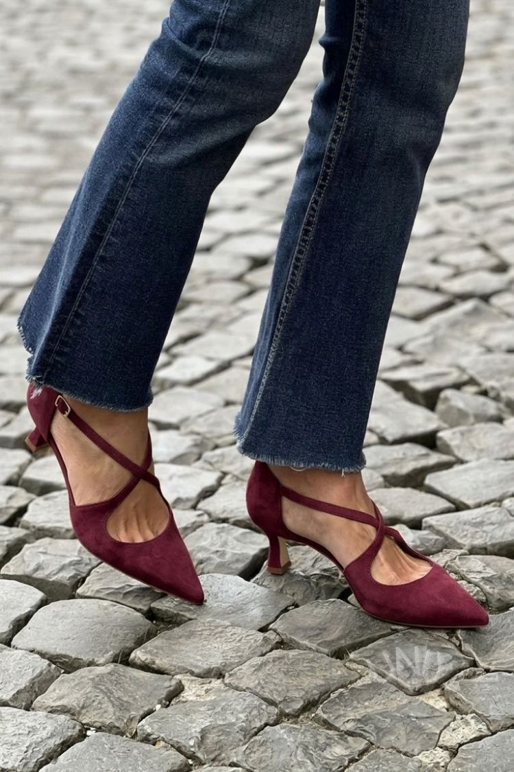 Cross Strap Buckle Solid Color Pointed Toe Khaki Low Heels