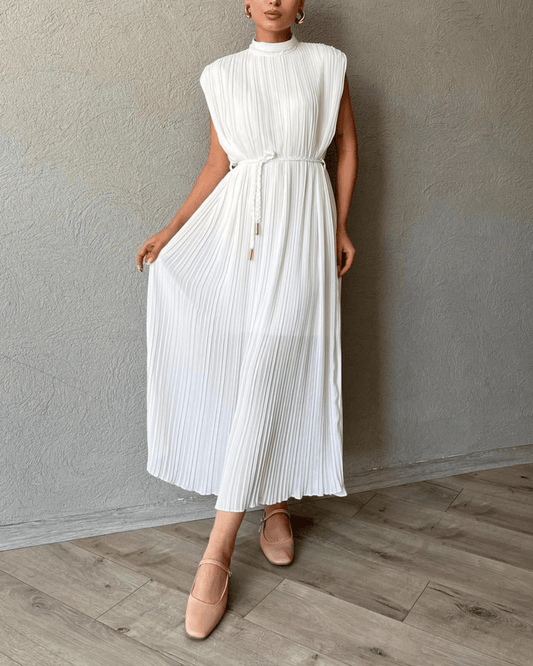 Ecru geplooide hoge hals midi-jurk
