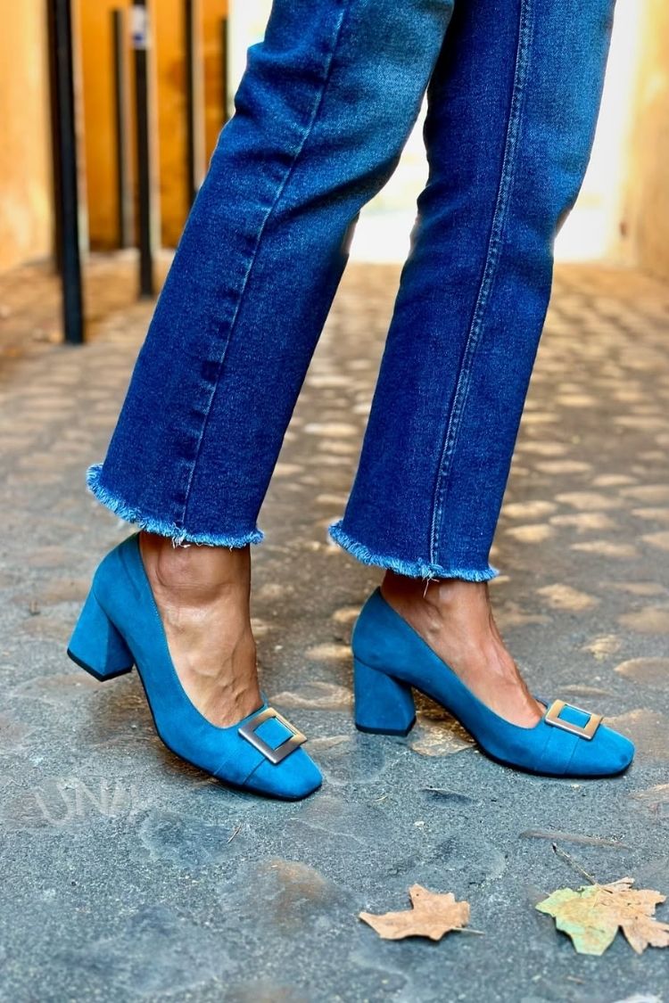 Patchwork Metal Decor Square Toe Navy Chunky Heels