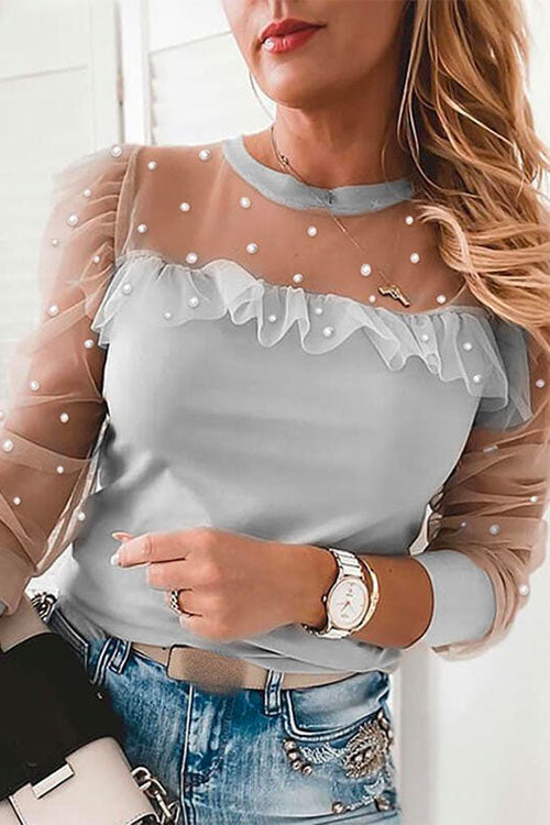 Top in Chiffon con Scollo Rotondo, Maniche a Sbuffo e Inserti in Pizzo