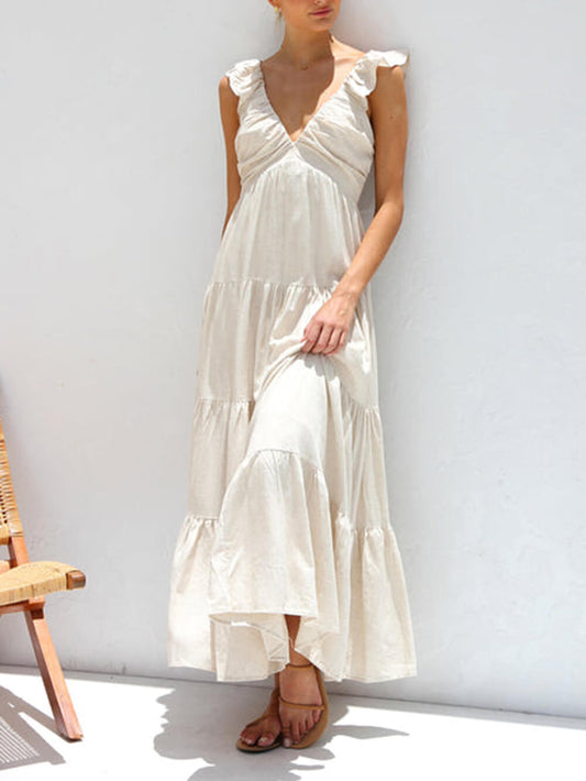 Vestido Maxi de Férias com Mangas Voantes Folhadas, Costas Franzidas e Camadas