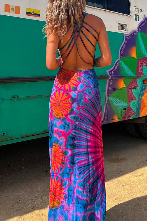 Maxi cami-jurk met kruisbandjes, rugloos en tie-dye