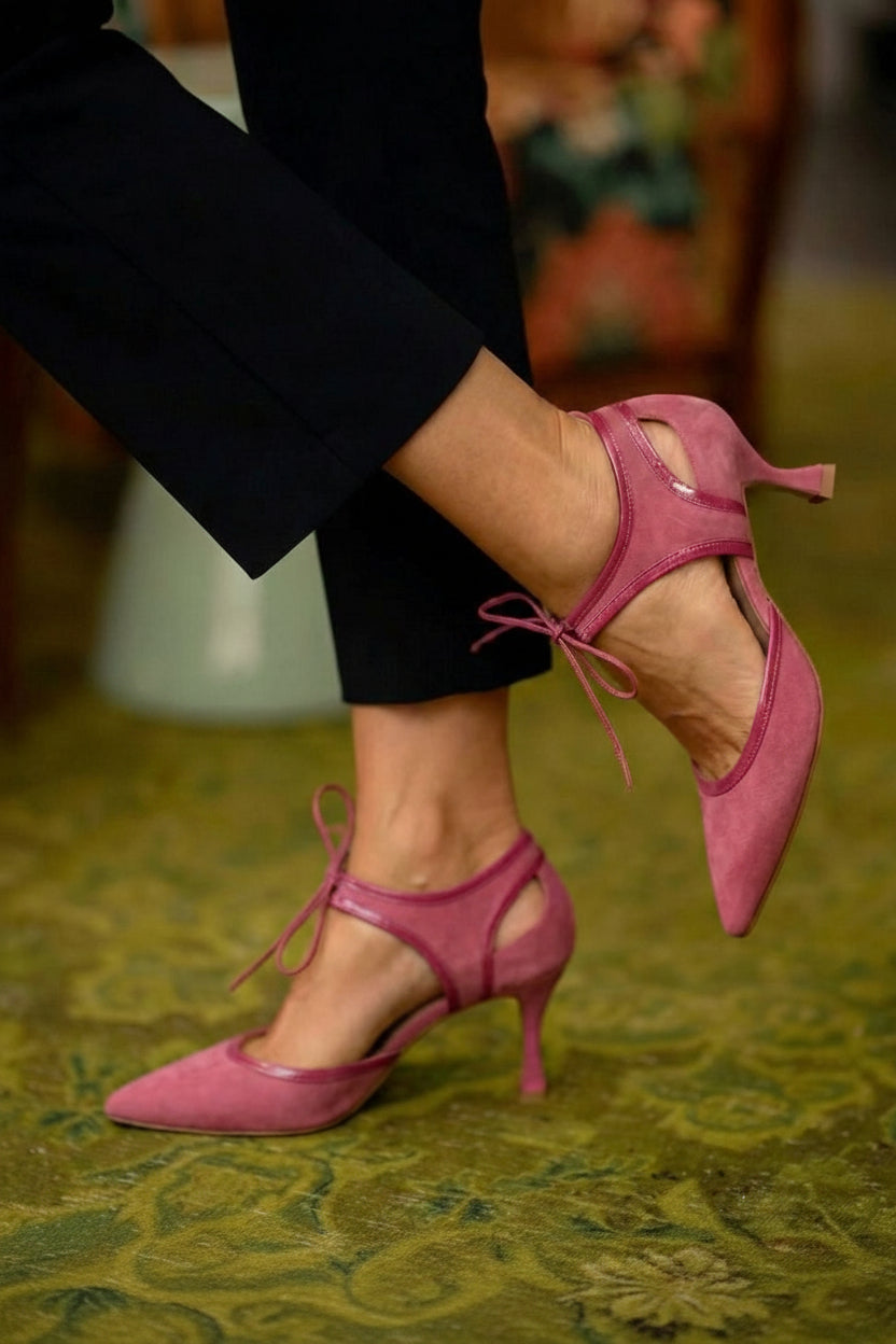 Tacones Bajos de Aguja con Moño Bicolor de Gamuza Sintética Rosa con Punta