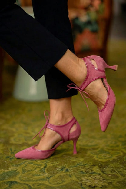 Tacones Bajos de Aguja con Moño Bicolor de Gamuza Sintética Rosa con Punta