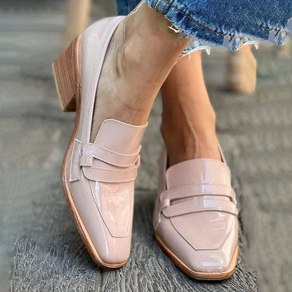 Square Toe Pink Leather Patent Chunky Loafers Heels