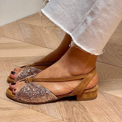 Peep Brown Patchwork Glitter Low Block Heels Toe Sandals